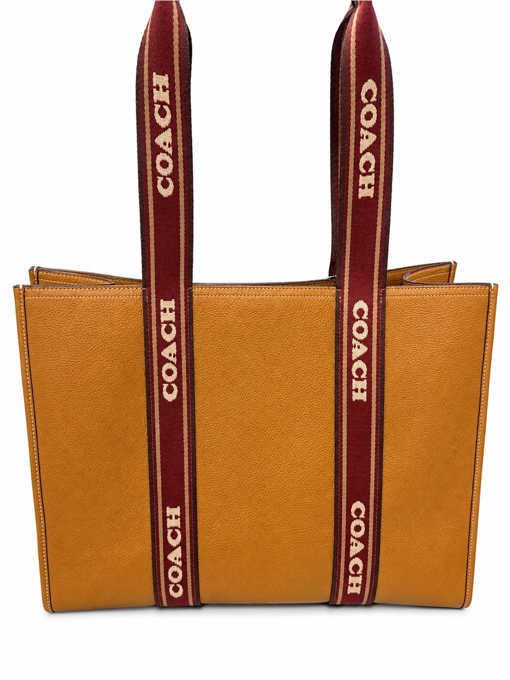 Excellent condition! COACH Tan/Tobacco Leather Tote with Burgundy Branded Straps